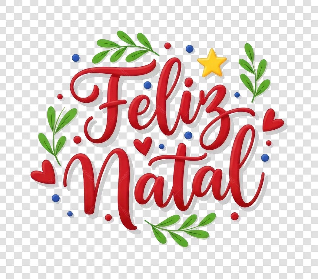 Ilustração Feliz Natal Letras Vermelhas Estrela Folhas PNG com fundo transparente