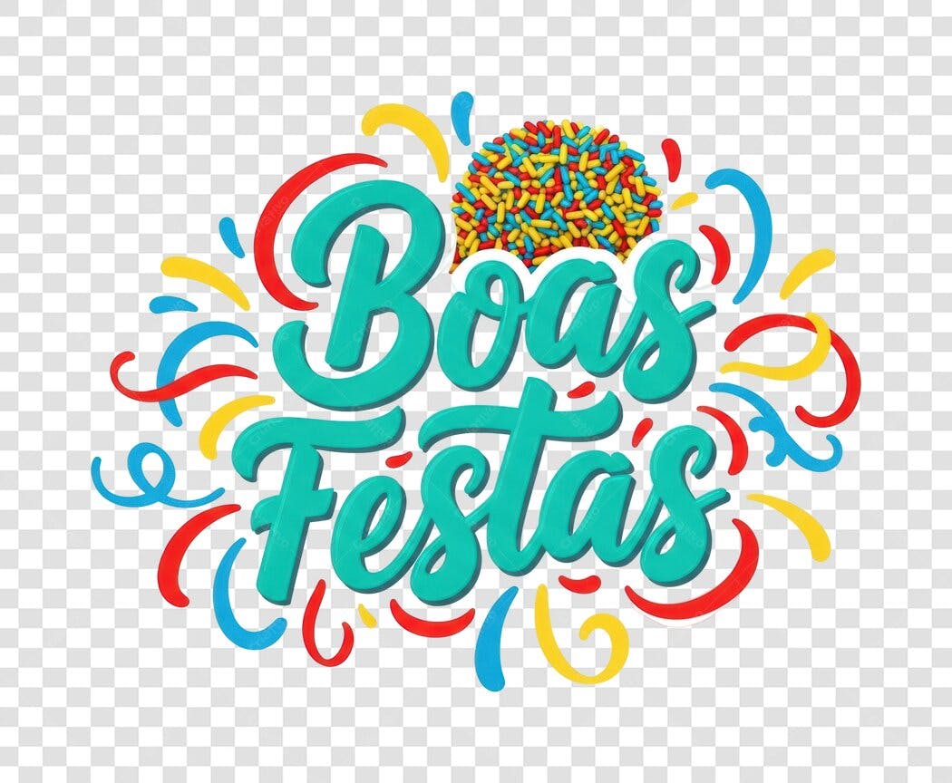 Saudação Festiva Boas Festas com Granulados Coloridos e Confetes PNG com fundo transparente