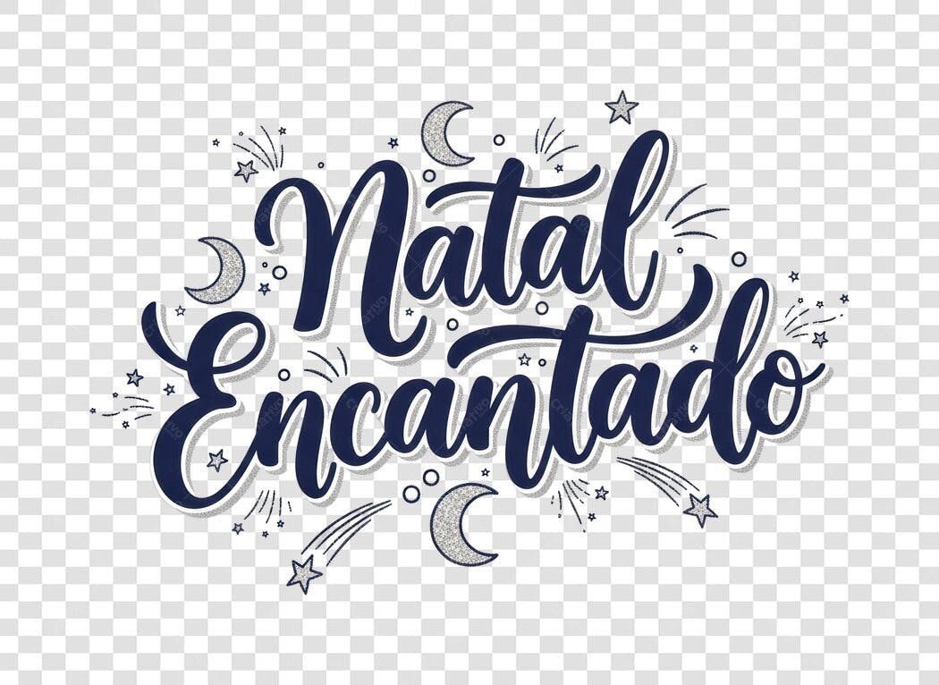Lettering Natal Encantado azul marinho e prata PNG com fundo transparente