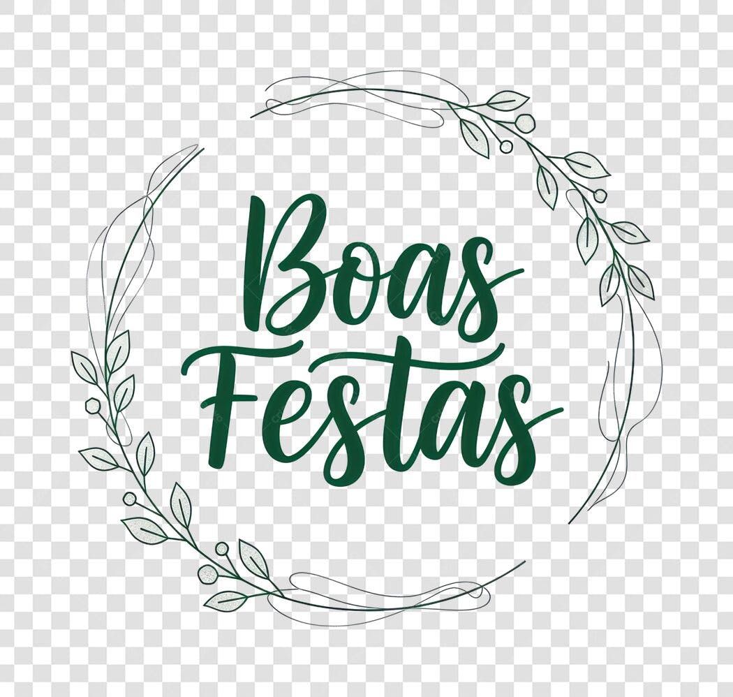 Selo Boas Festas Fim de Ano Caligrafia Verde Folhas PNG com fundo transparente