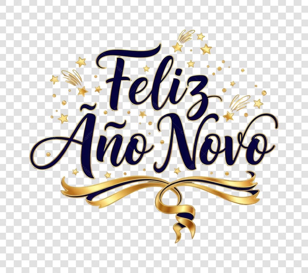 Mensagem Feliz Ano Novo dourada e azul com estrelas PNG com fundo transparente