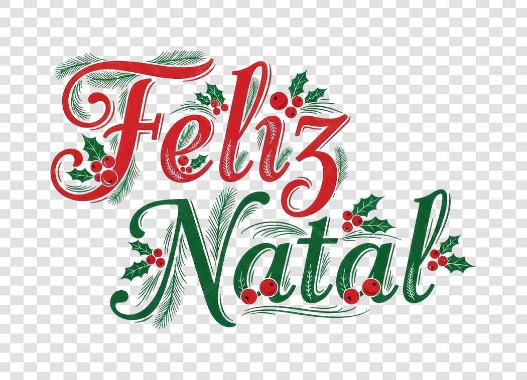 Lettering Feliz Natal Vermelho e Verde com Azevinho e Pinheiro PNG com fundo transparente