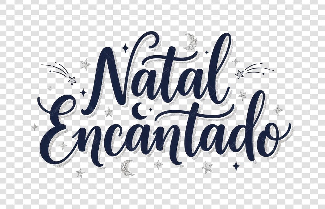 Lettering Natal Encantado azul marinho prata brilho estrelas PNG com fundo transparente