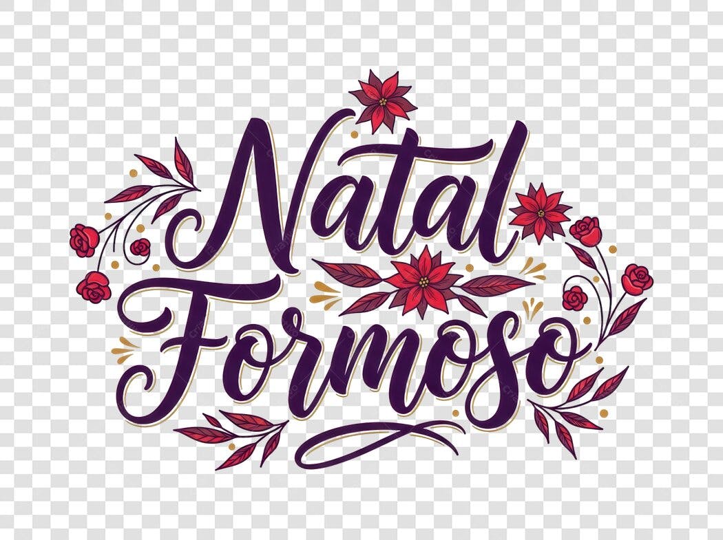 Frase Decorativa Natal Formoso com Poinsétias e Rosas PNG com fundo transparente