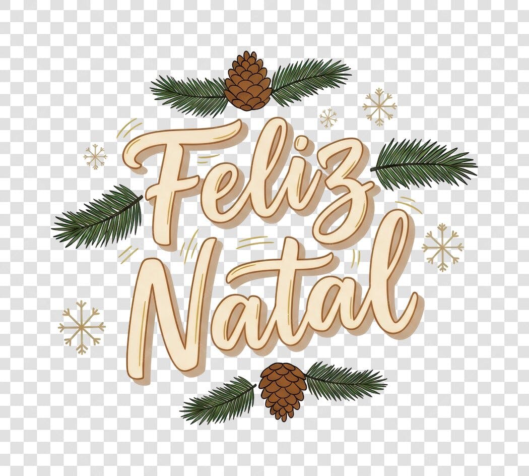 Mensagem Festiva Feliz Natal Caligrafia Pinhas Flocos PNG com fundo transparente
