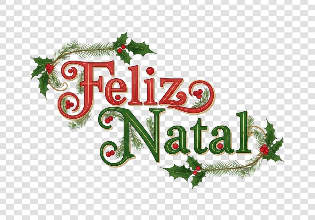 Arte Feliz Natal com Letras Vermelhas e Verdes Pinho Azevinho PNG com fundo transparente