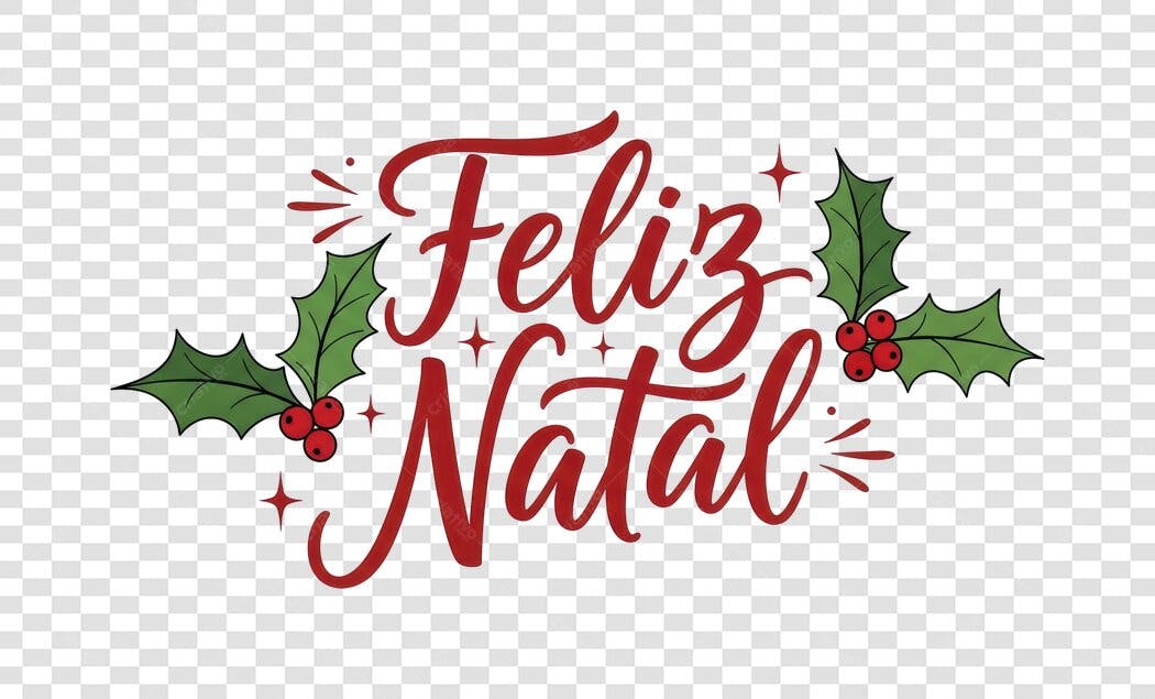 Design Natalino Feliz Natal Escrita Vermelha Azevinho Verde PNG com fundo transparente