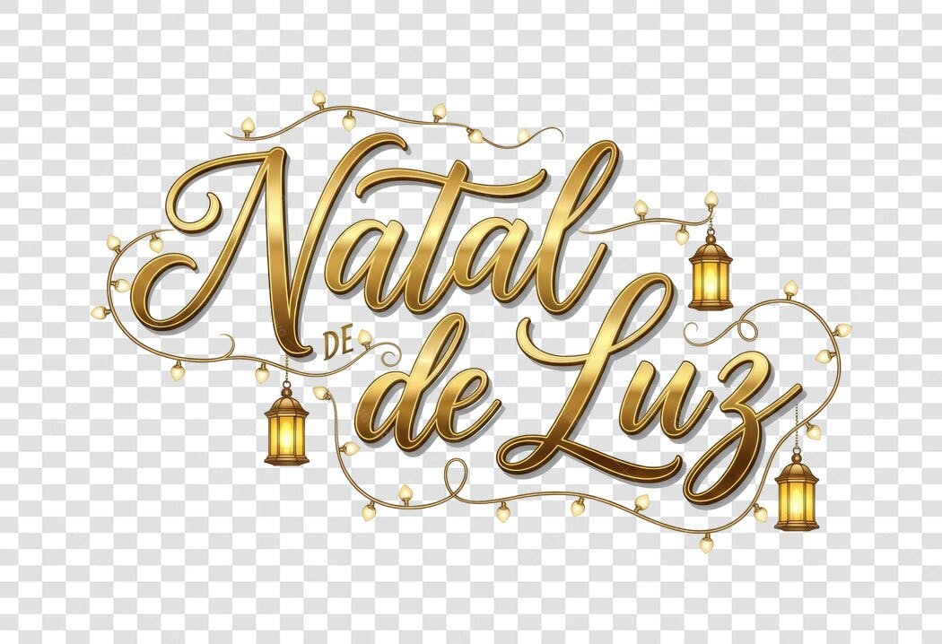 Letreiro Natal de Luz Dourado com Luzes e Lanternas PNG com fundo transparente