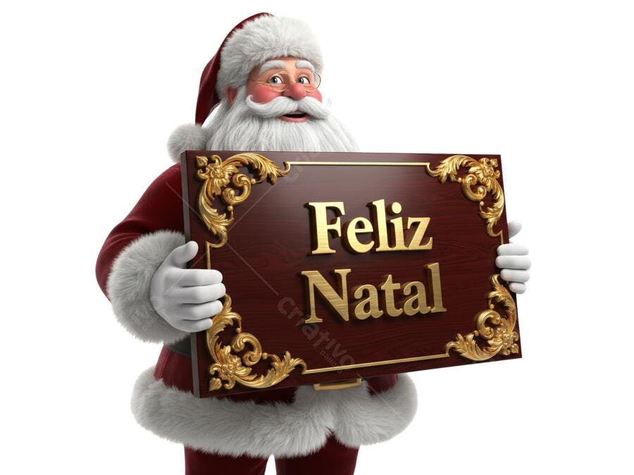 Ilustração Papai Noel Feliz Natal com Placa Dourada Vermelha PNG com fundo transparente