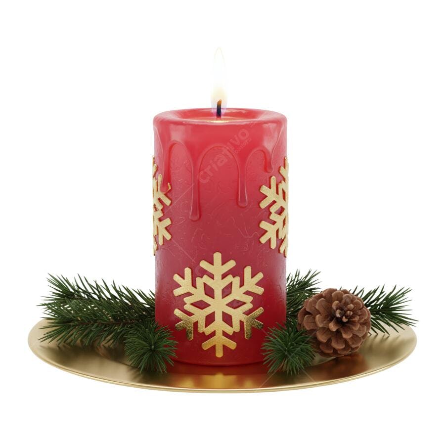 Decoração Natalina Vela Vermelha Flocos de Neve Dourados PNG com fundo transparente