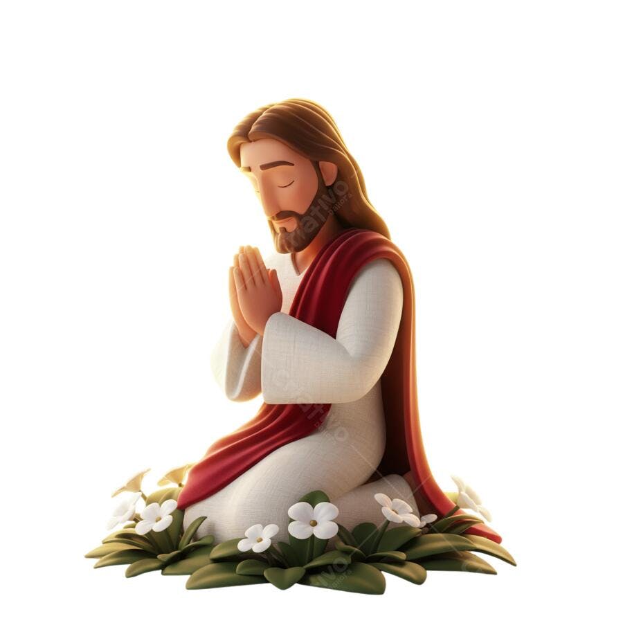 Ilustração 3D Jesus Cristo em oração branco vermelho verde PNG com fundo transparente
