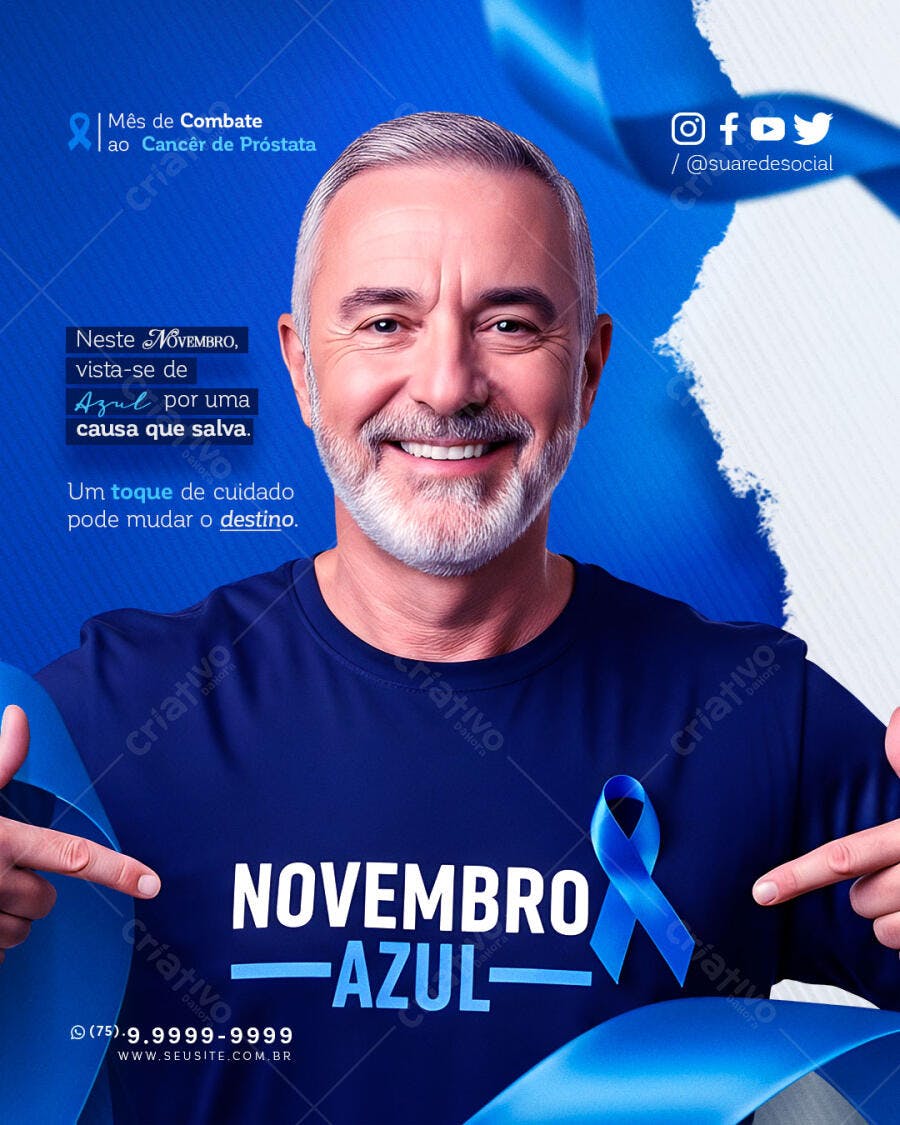 Post Campanha Novembro Azul Homem Sorrindo Câncer Próstata PSD Editável