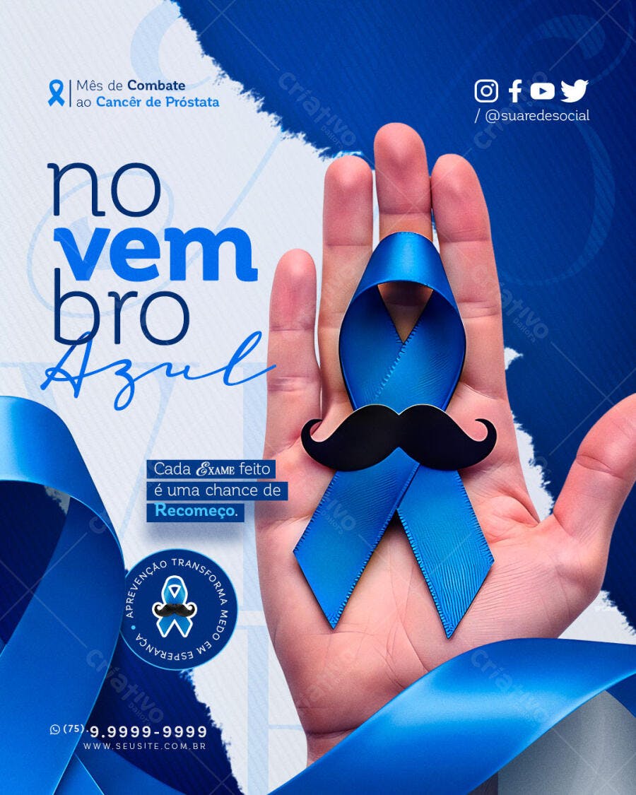 Flyer Novembro Azul Laço Bigode Câncer Próstata PSD Editável