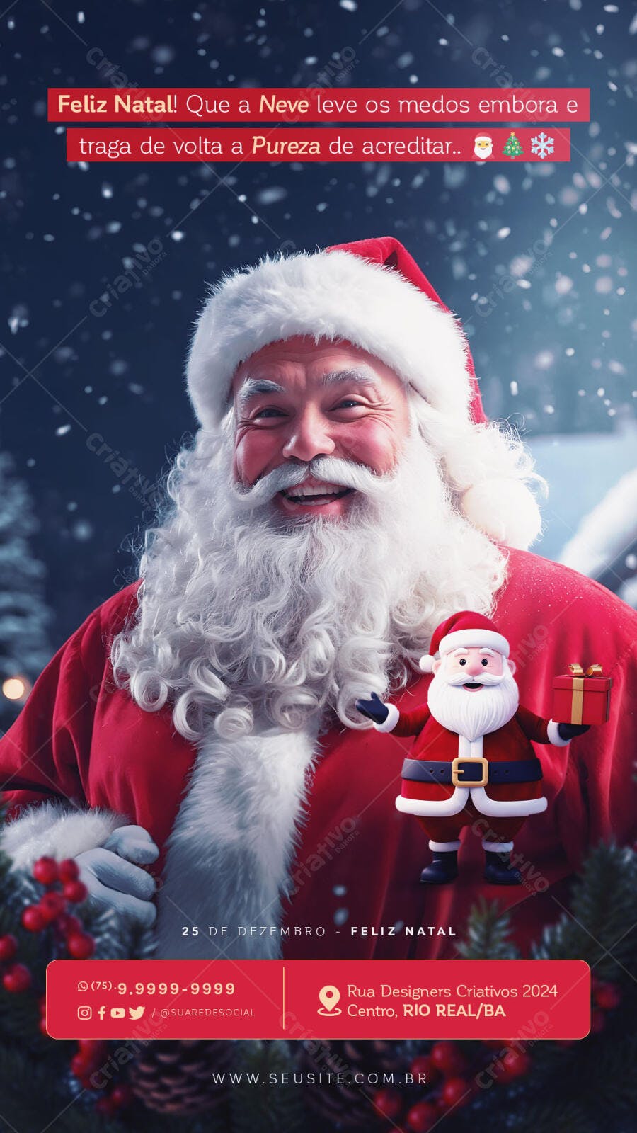 Flyer Feliz Natal Papai Noel e Neve PSD Editável