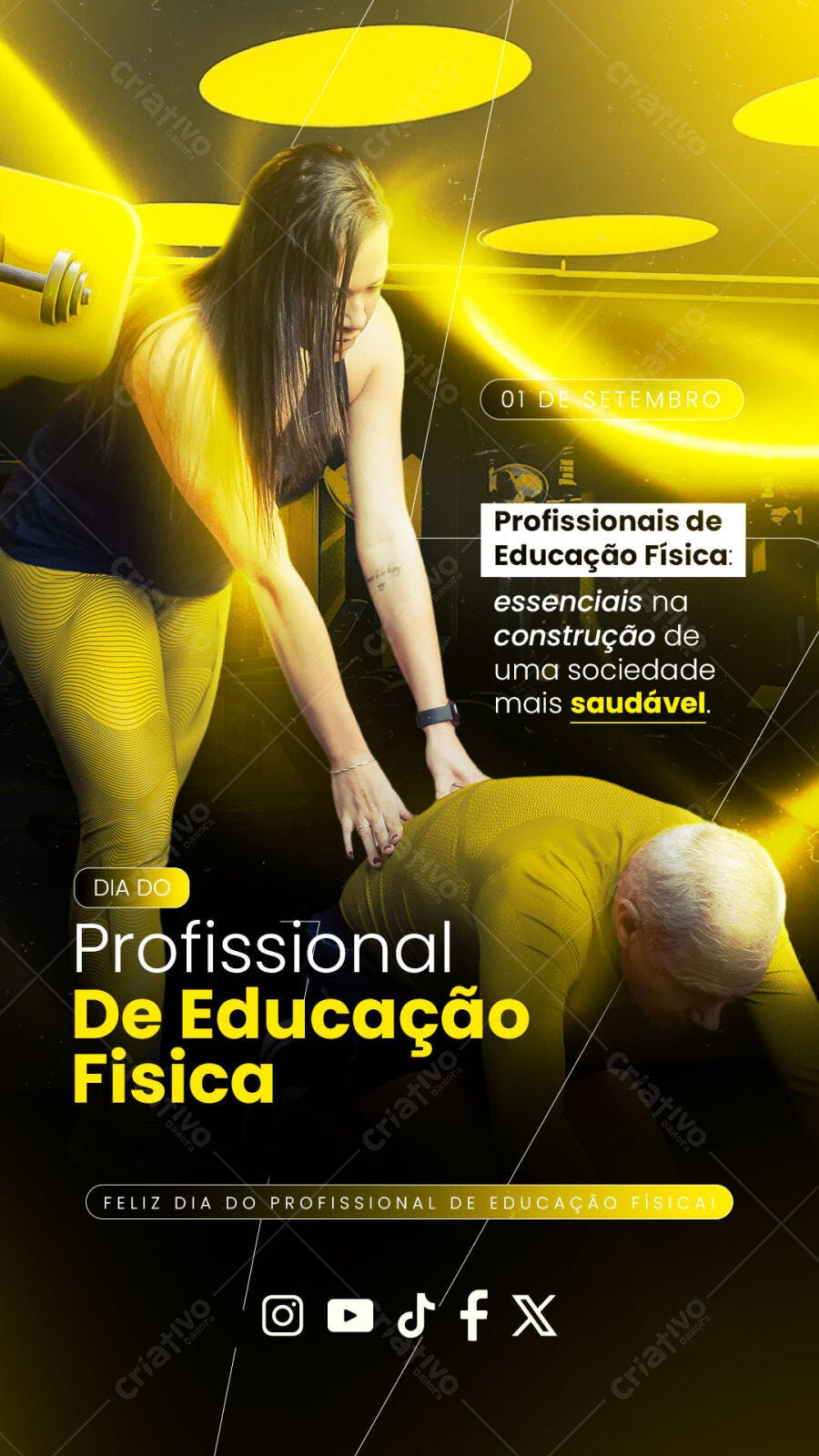 Flyer Dia do Profissional de Educação Física com Treinadora e Aluno PSD Editável
