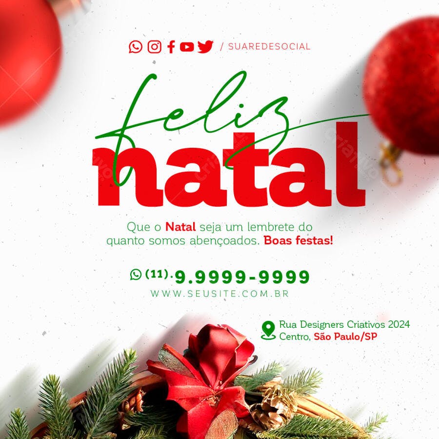 Flyer de Feliz Natal com Decoração Vermelha e Verde PSD Editável