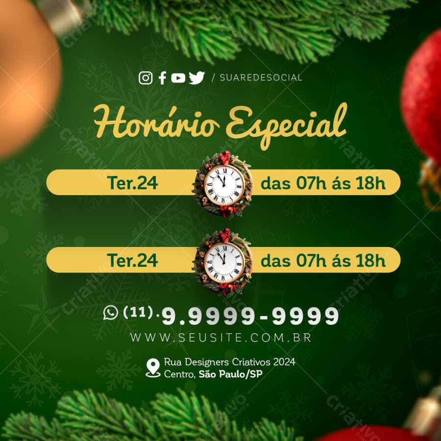 Flyer Horário Especial Natal e Fim de Ano PSD Editável