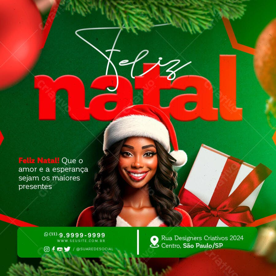 Post para Redes Sociais Feliz Natal com Mulher Negra PSD Editável