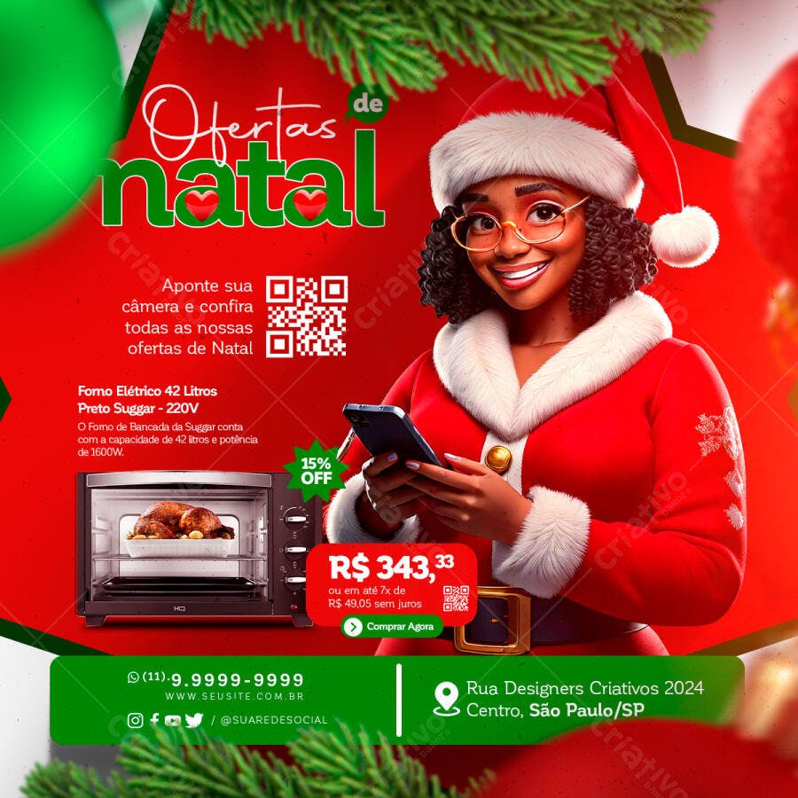 Flyer Natal Mulher Negra Mamãe Noel Ofertas Forno Elétrico PSD Editável