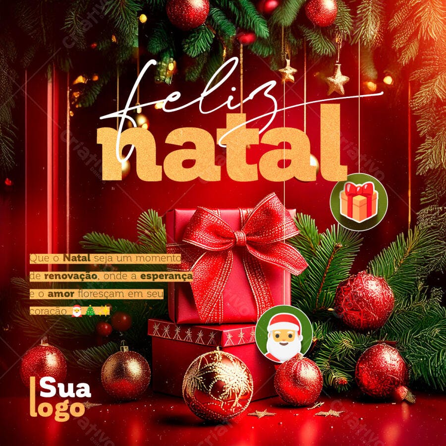 Flyer Feliz Natal com Presentes e Mensagem PSD Editável