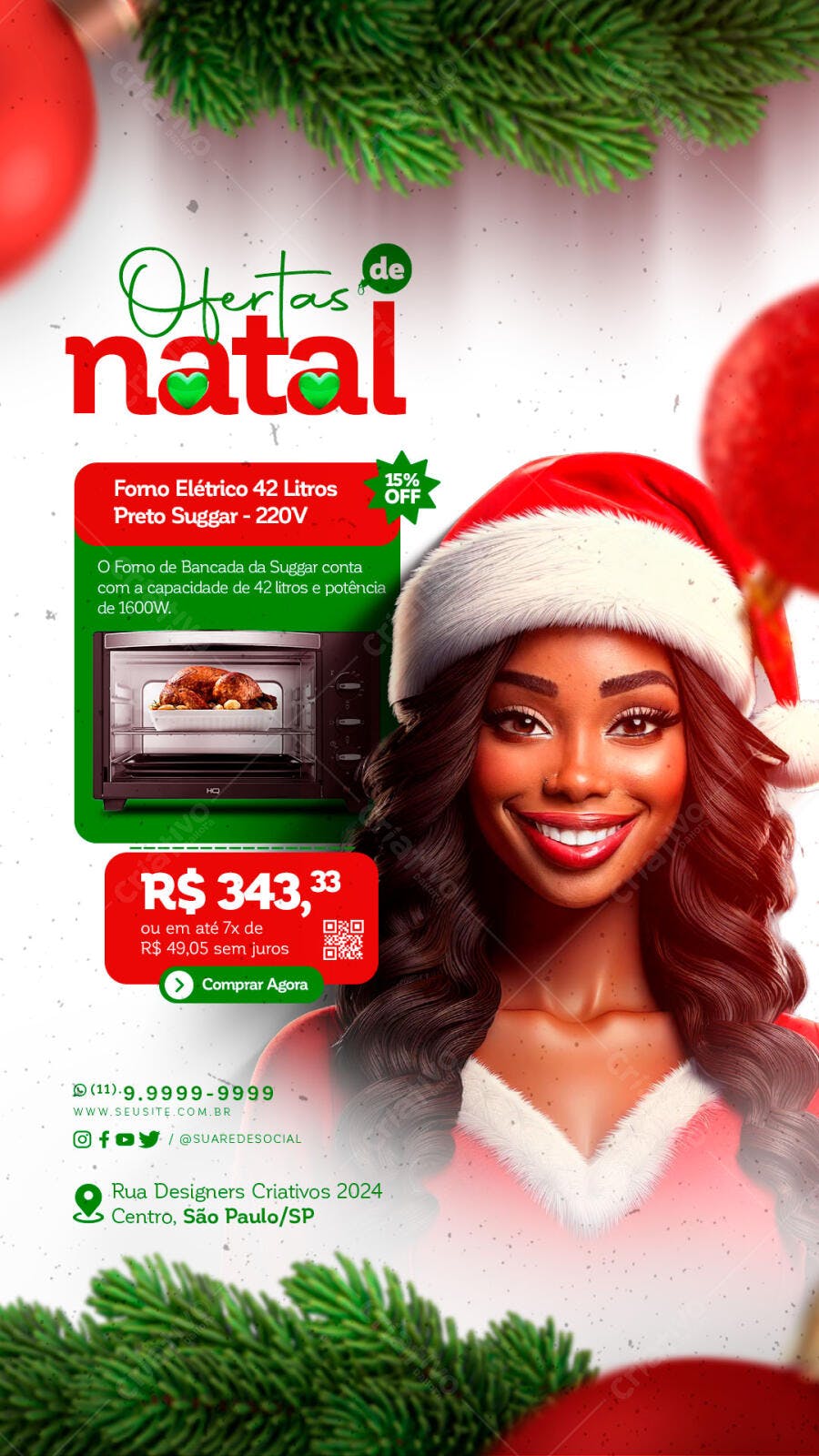 Flyer Natalino Mulher Negra Forno Elétrico Suggar Oferta 15% Off PSD Editável
