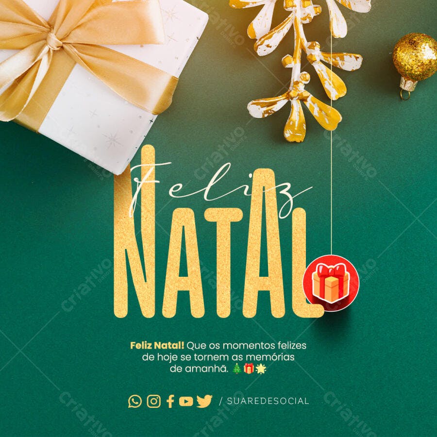 Post de Natal Feliz Natal Dourado e Verde PSD Editável