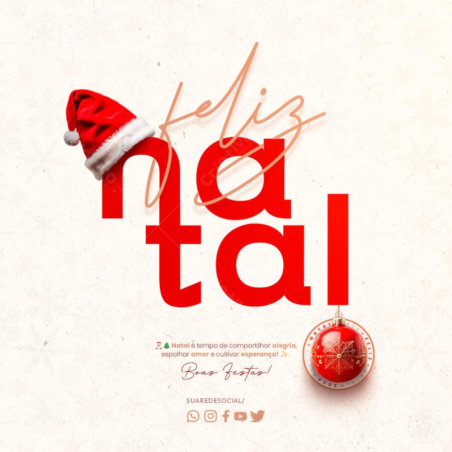 Flyer Feliz Natal Gorro e Bola Vermelhos PSD Editável