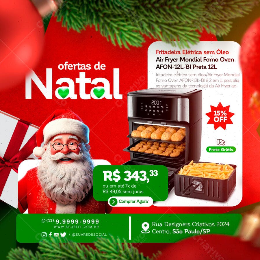 Flyer de Ofertas de Natal com Papai Noel Fritadeira Air Fryer PSD Editável