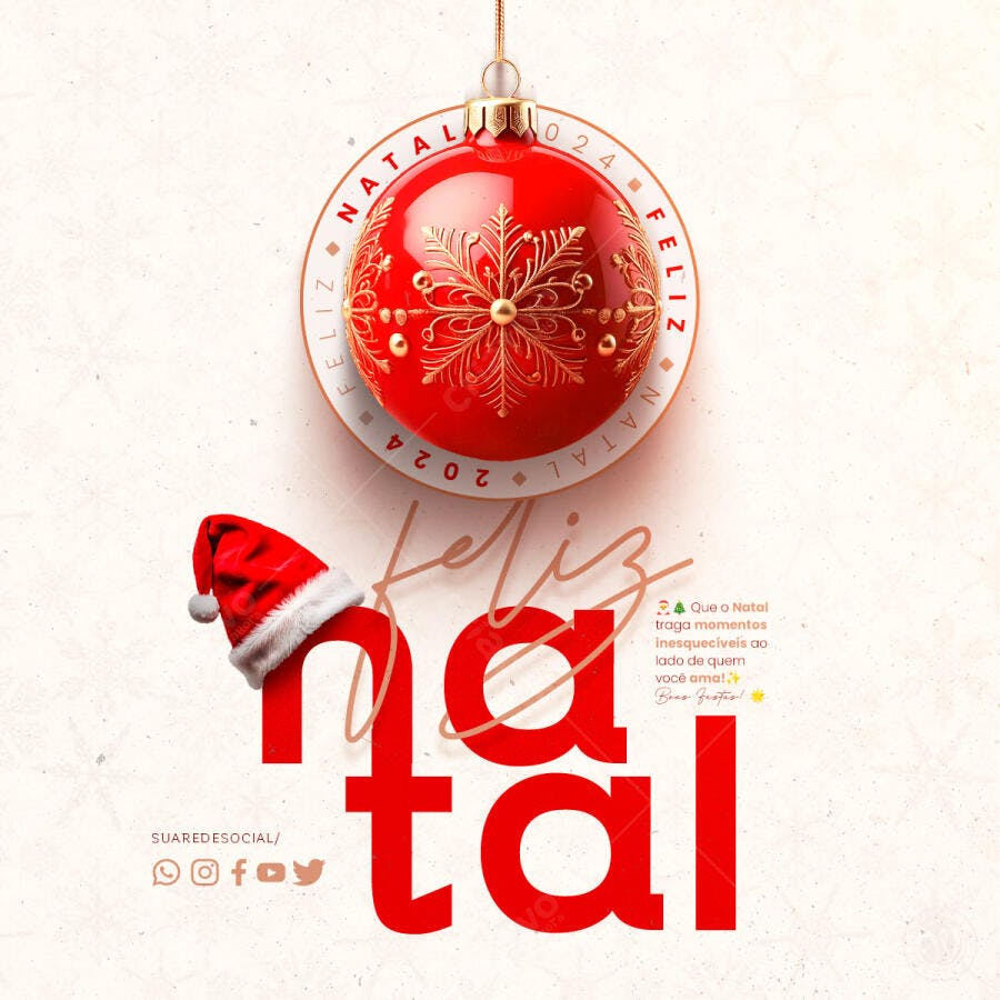 Post Redes Sociais Feliz Natal 2024 com Bola Dourada e Gorro PSD Editável