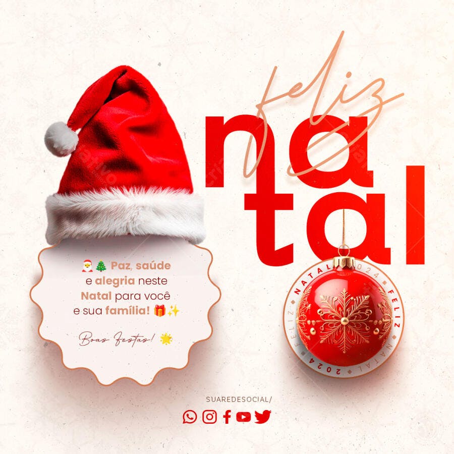 Post Redes Sociais de Feliz Natal 2024 com Gorro Vermelho Psd Editável