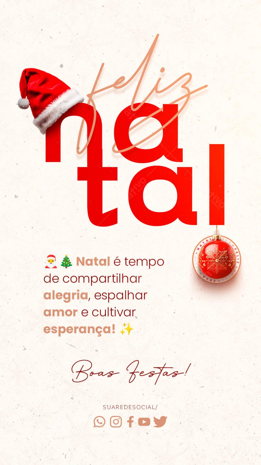 Post de Natal Feliz Natal Vermelho com Gorro e Bola PSD Editável
