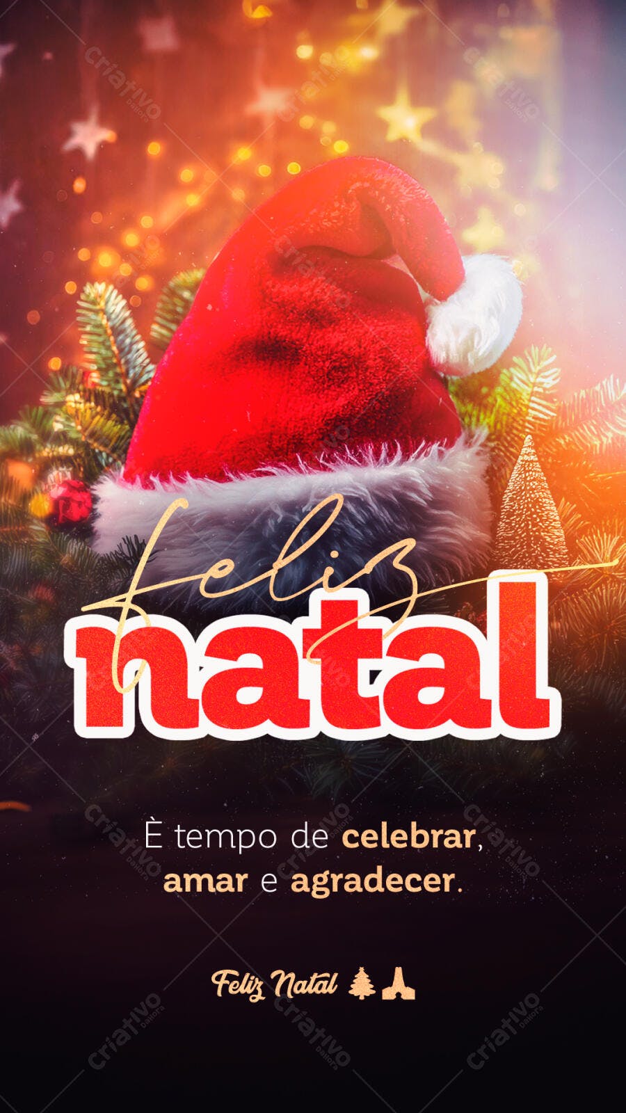 Post Instagram Feliz Natal com Gorro Vermelho e Luzes Douradas PSD Editável
