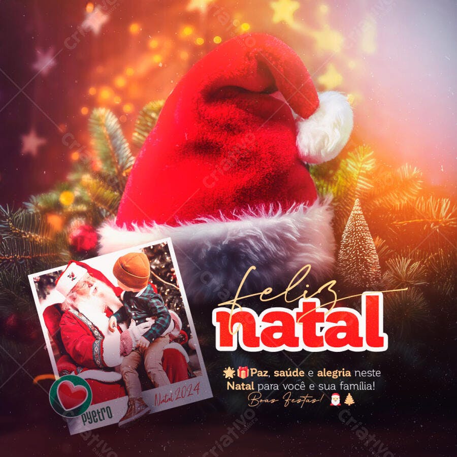 Post Natalino com Gorro Papai Noel e Feliz Natal PSD Editável