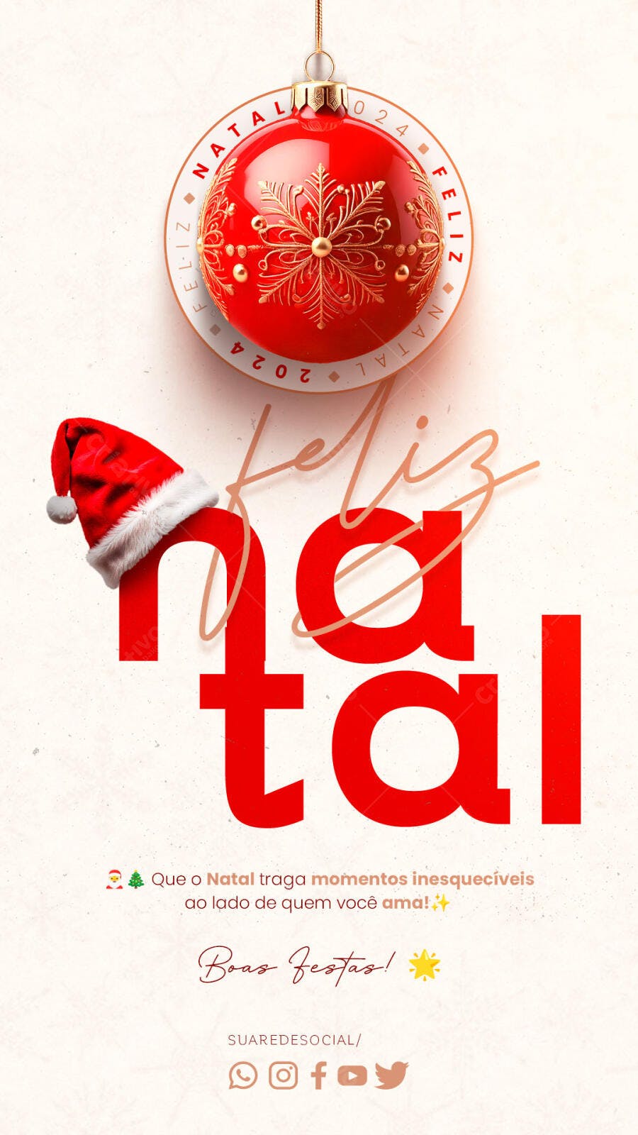Flyer Digital Feliz Natal 2024 com Gorro de Papai Noel PSD Editável