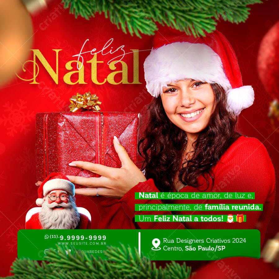 Post de Mídia Social para Feliz Natal com Mulher e Presente PSD Editável