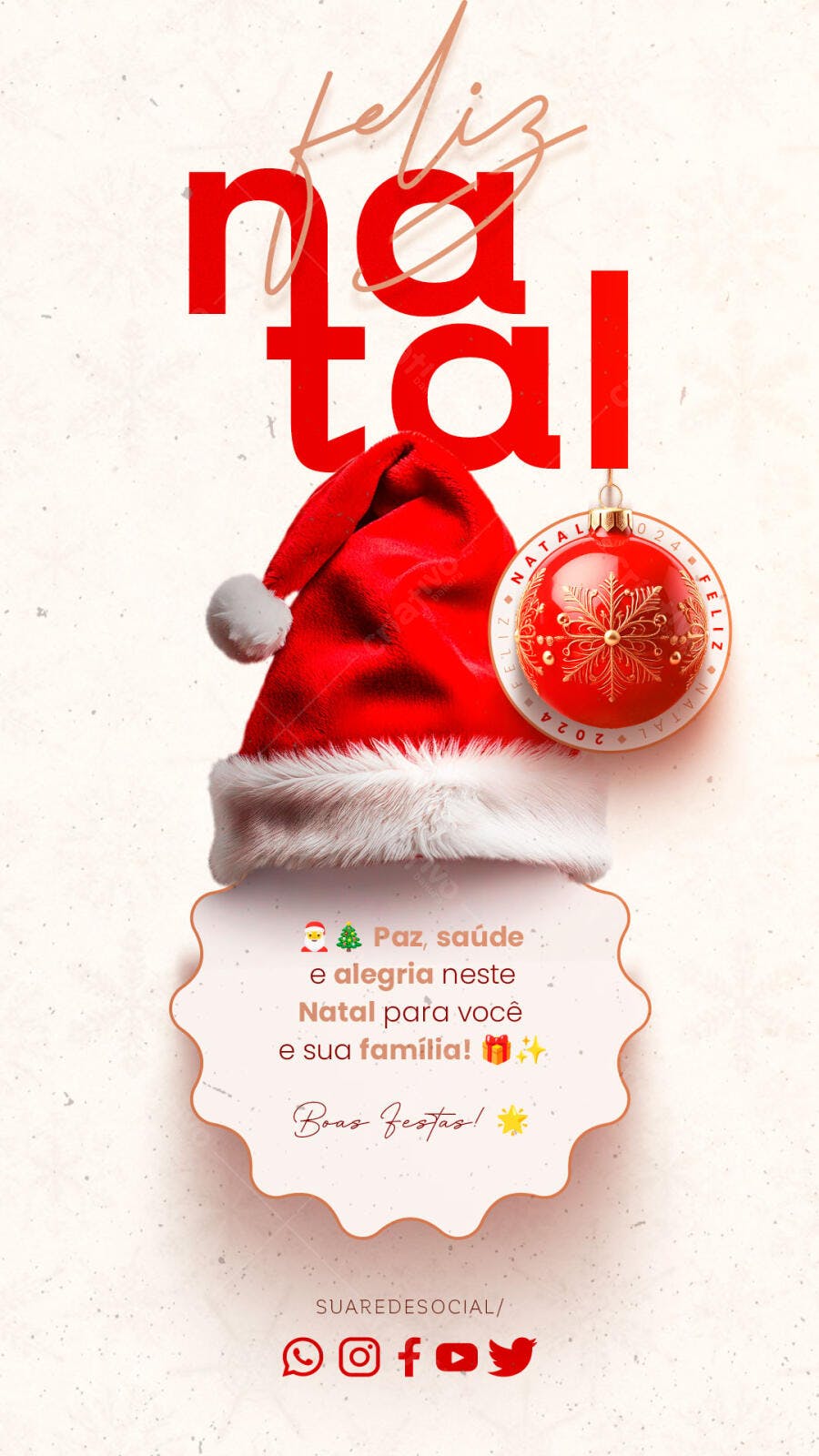Flyer Feliz Natal com Gorro de Papai Noel e Bola Vermelha PSD Editável
