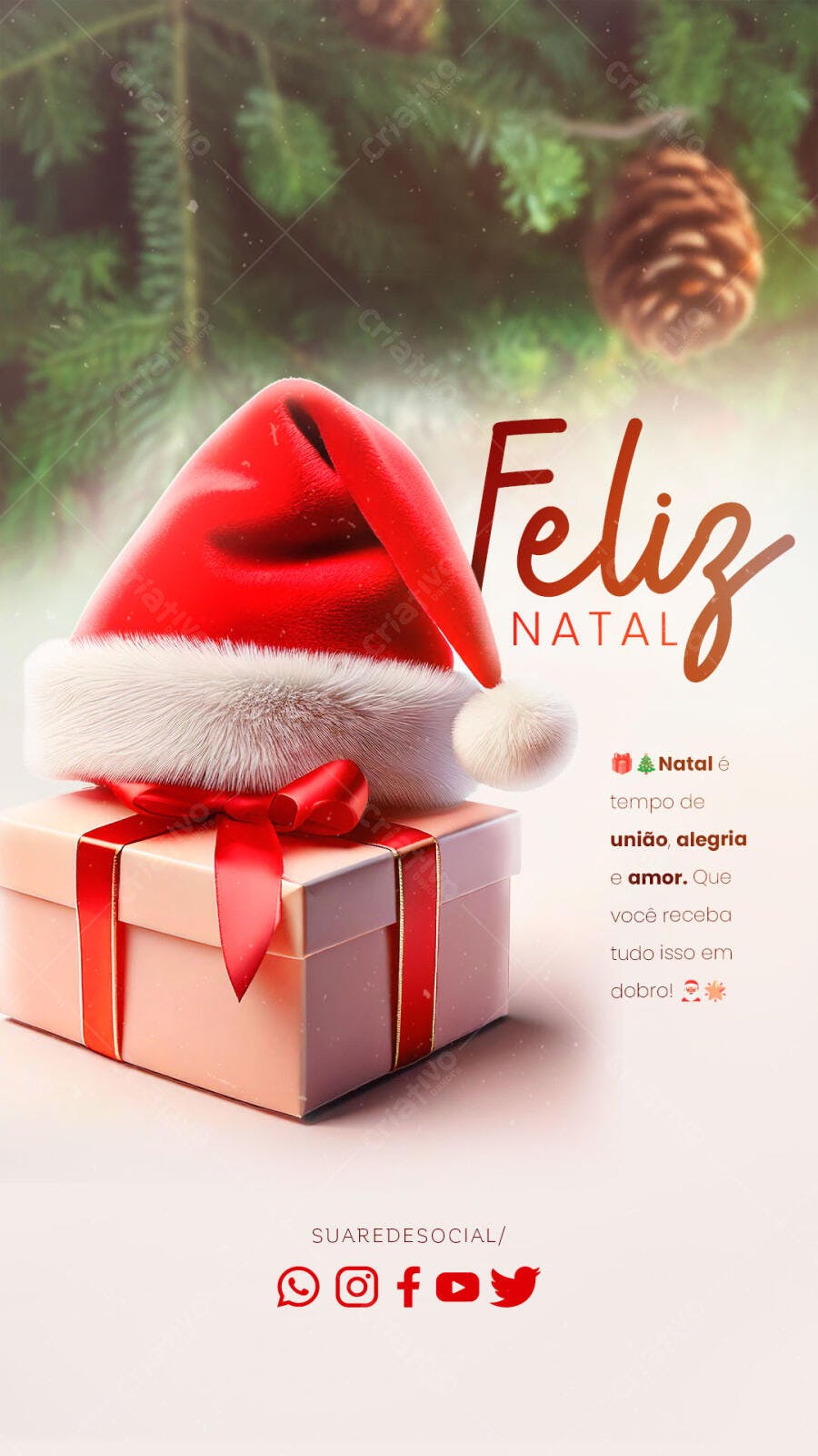 Post de Redes Sociais para Feliz Natal com Gorro e Presente PSD Editável