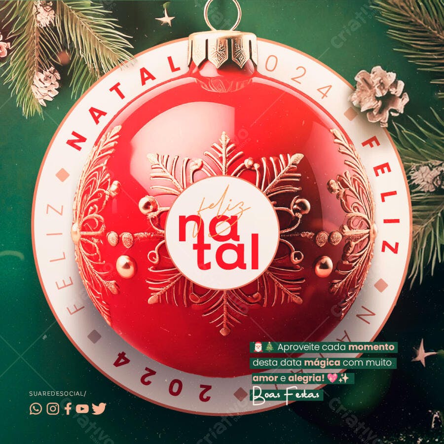 Post para Redes Sociais Natal 2024 Bola Vermelha Dourada PSD Editável