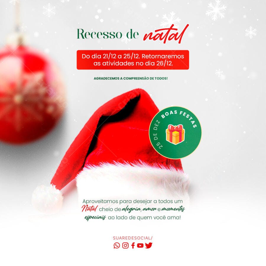 Post para Redes Sociais Recesso de Natal e Boas Festas PSD Editável