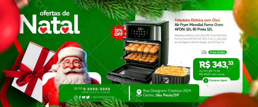 Flyer de Ofertas Natalinas Air Fryer Papai Noel PSD Editável