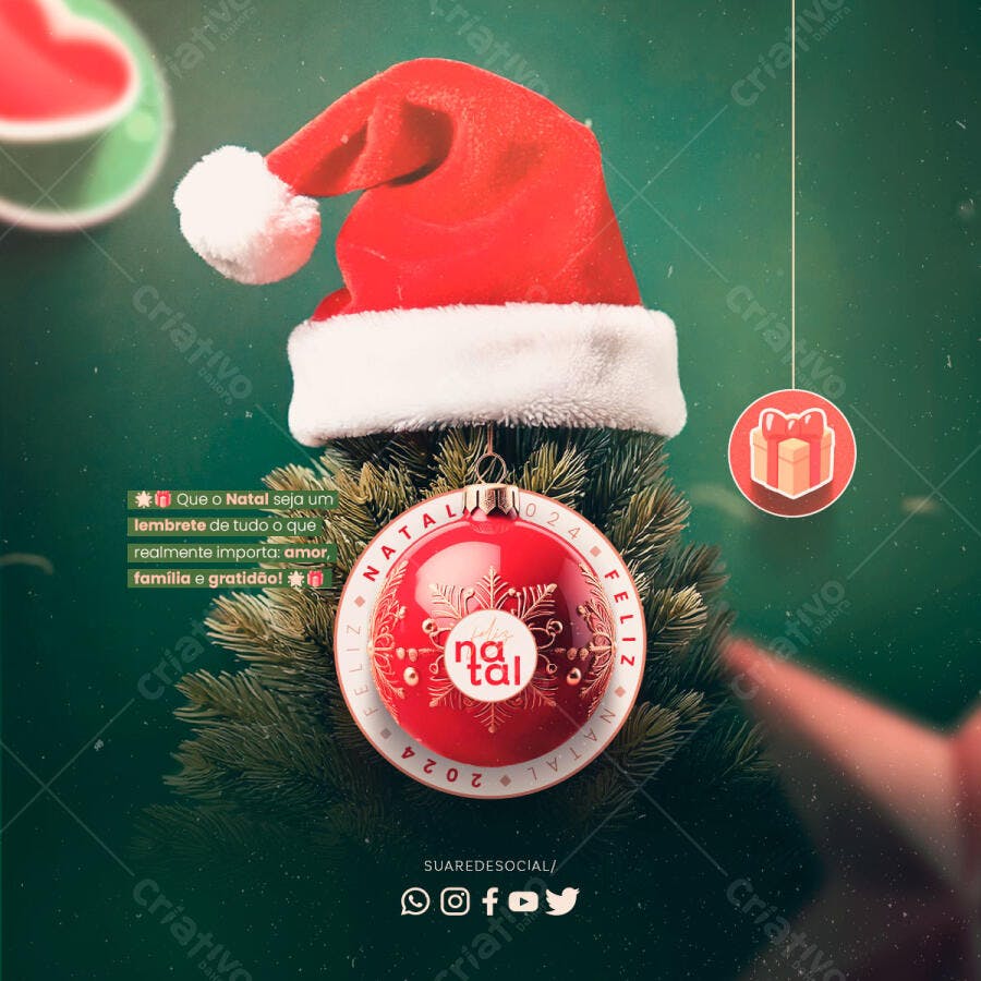 Post para Feliz Natal 2024 com Gorro de Papai Noel PSD Editável