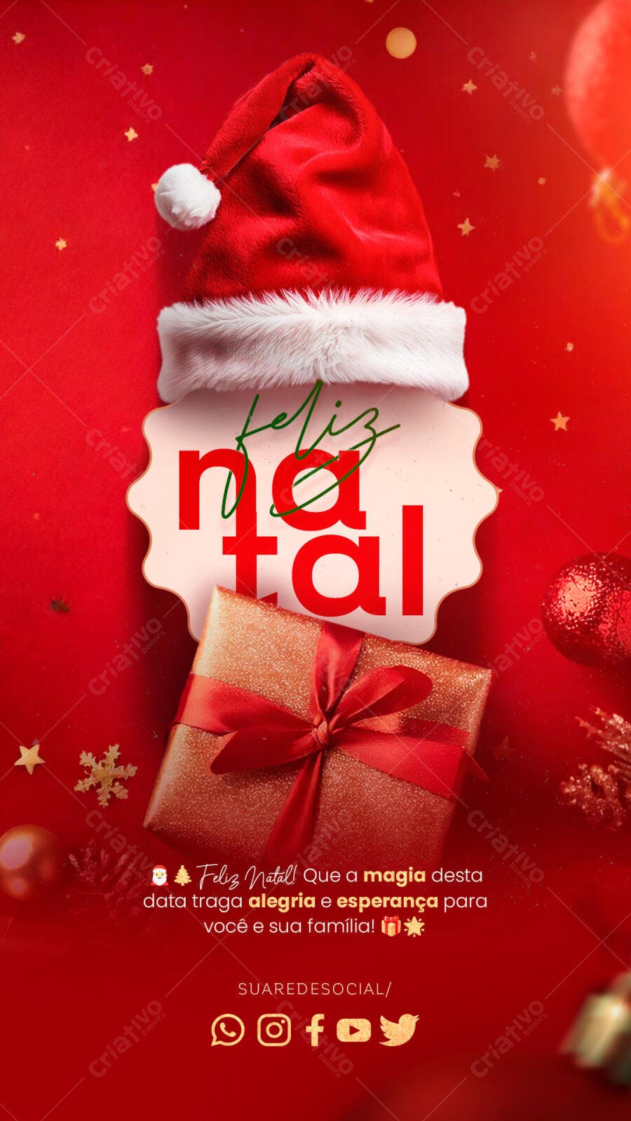 Post Redes Sociais Feliz Natal Gorro Presente Vermelho PSD Editável