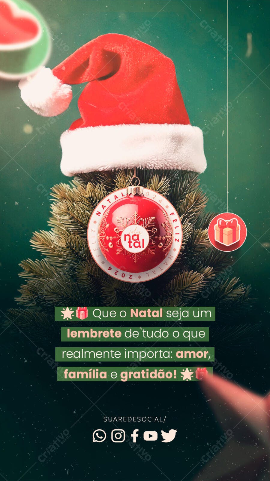 Post Instagram Natal Gorro Papai Noel Bola Vermelha Feliz Natal 2024 PSD Editável