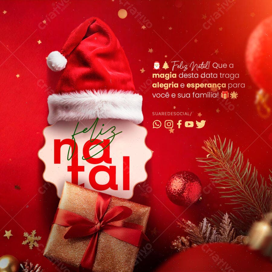 Post para Redes Sociais Feliz Natal Touca Papai Noel e Presente PSD Editável