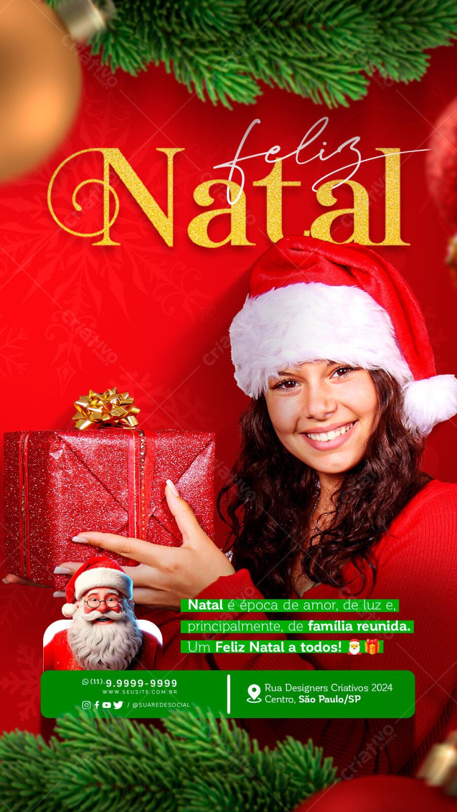 Flyer Feliz Natal Jovem Mulher Sorrindo com Presente PSD Editável