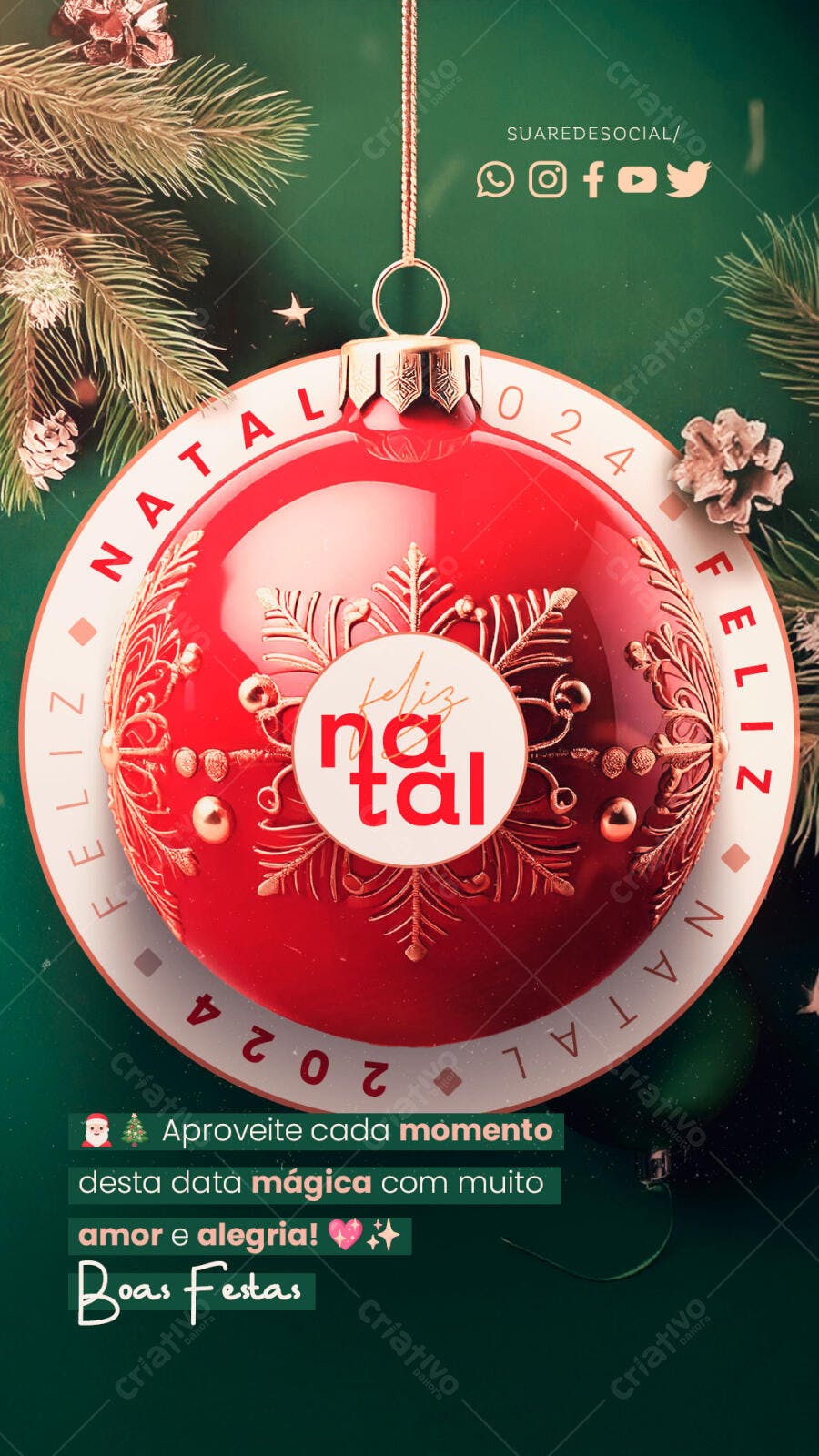 Flyer de Natal 2024 com Bola Vermelha e Dourada PSD Editável