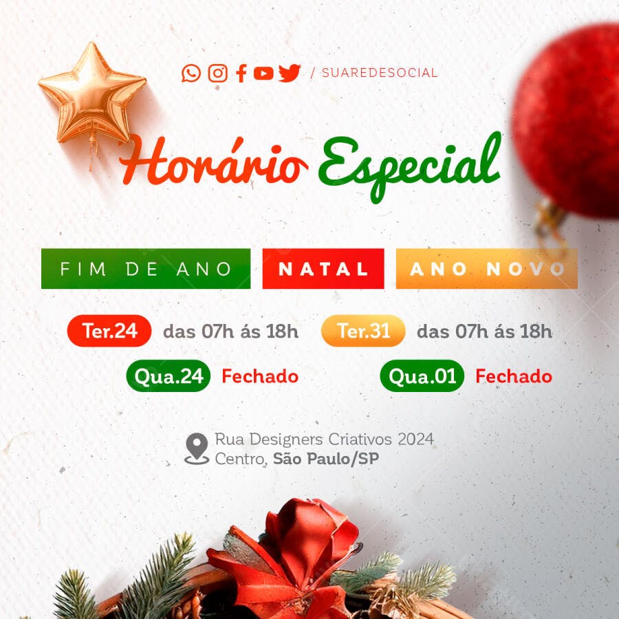 Post Redes Sociais Horário Especial Natal e Ano Novo PSD Editável