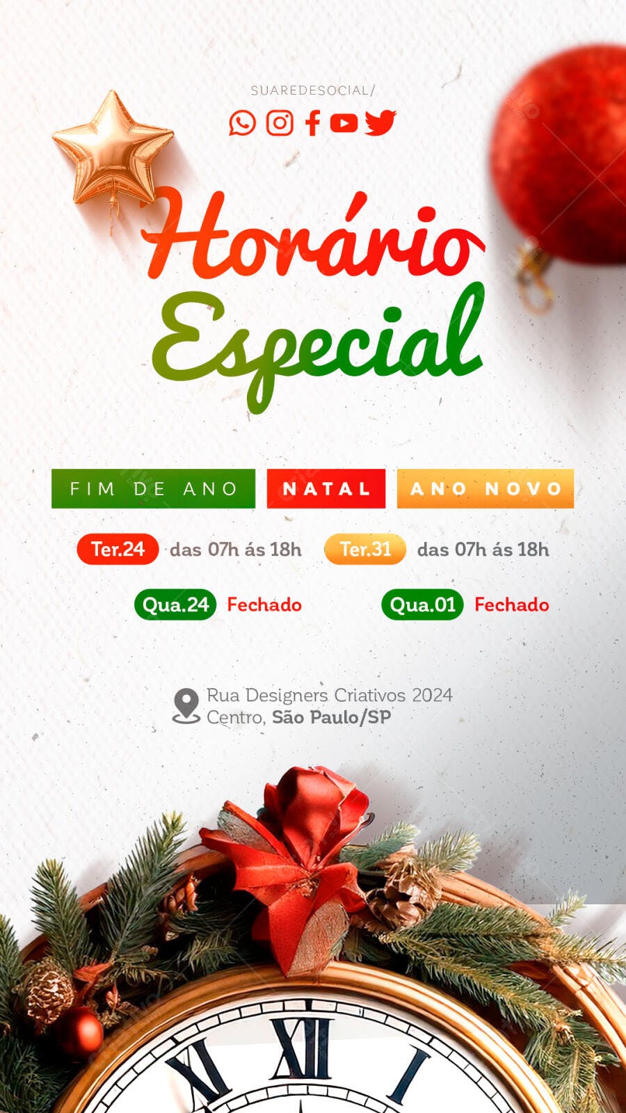 Flyer Horário Especial Natal e Ano Novo PSD Editável