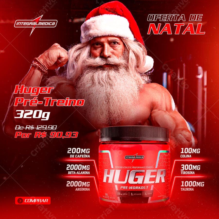 Flyer Marketing Digital para Oferta de Natal Pré-Treino Huger PSD Editável