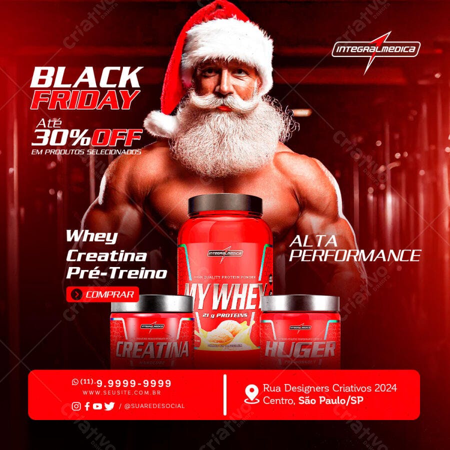 Flyer Black Friday Whey Creatina Pré-Treino Papai Noel PSD Editável